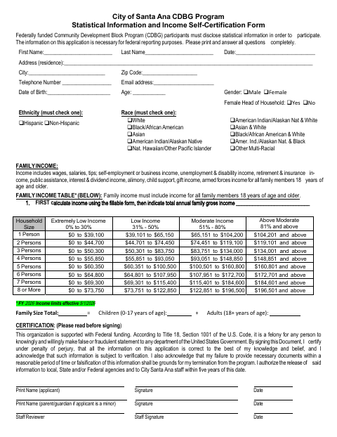 First page of the CDBG Program Statistical Information and Income Self-Certification Form