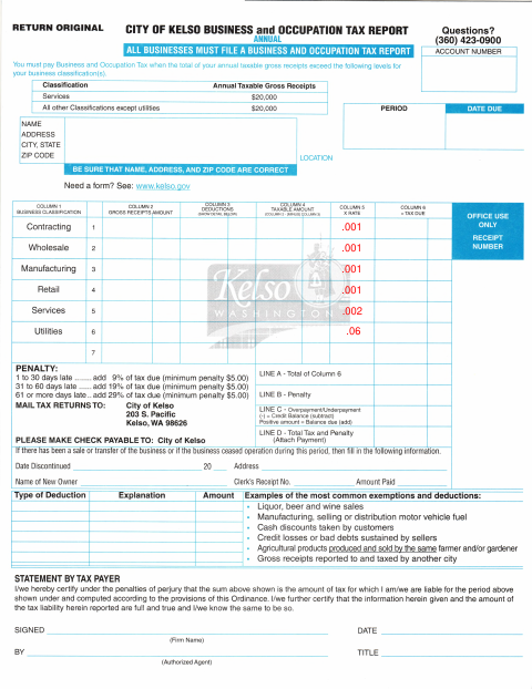 First page of the Business and Occupation Tax Report Annual