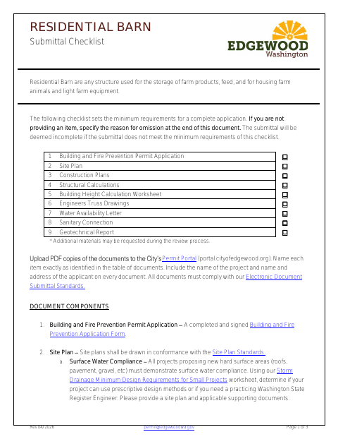 First page of the Residential Barn Submittal Checklist
