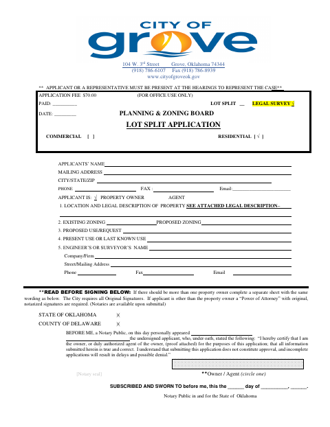 First page of the Lot Split Legal Survey Permit Application