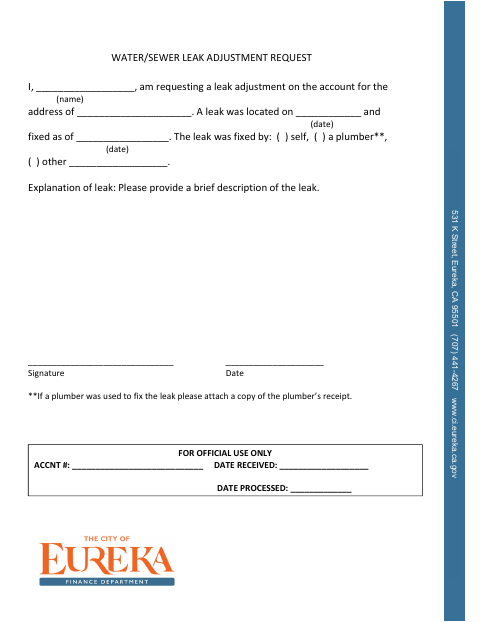 First page of the Water/Sewer Leak Adjustment Request