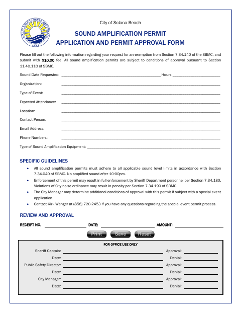 First page of the Sound Amplification Permit Application and Permit Approval Form