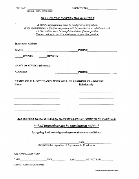 First page of the Occupancy Inspection Request