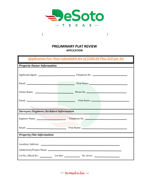 First page of the Preliminary Plat Review Application
