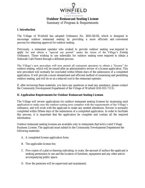 First page of the Outdoor Restaurant Seating License Application
