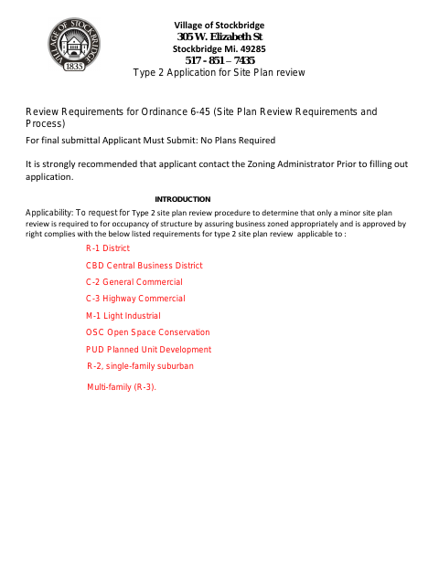 First page of the Type 2 Application for Site Plan Review