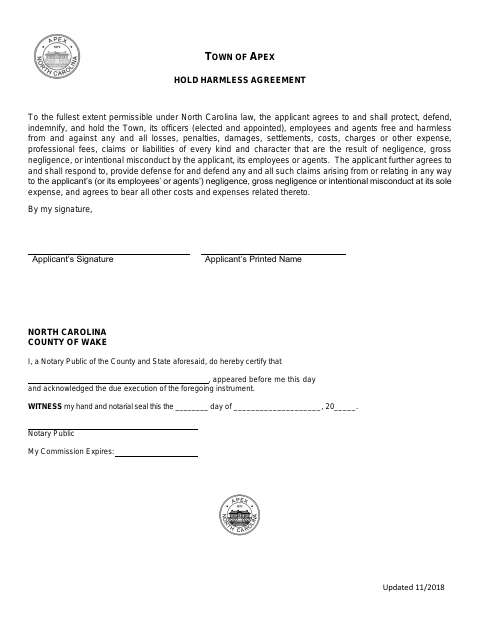 First page of the Hold Harmless Agreement