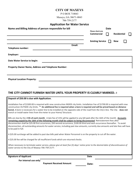 First page of the Application for Water Service