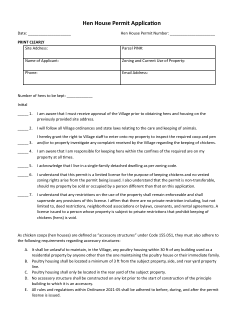 First page of the Hen House Permit Application