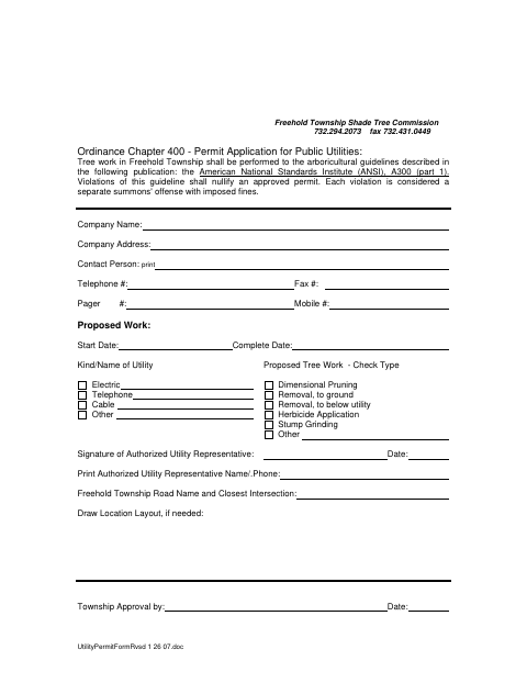 First page of the Permit Application for Public Utilities