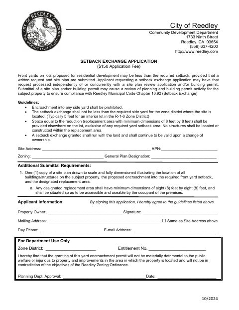 First page of the Setback Exchange Application