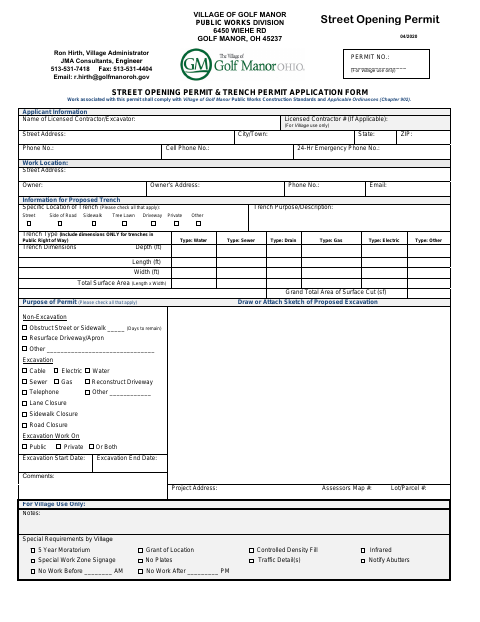 First page of the Street Opening Permit & Trench Permit Application Form