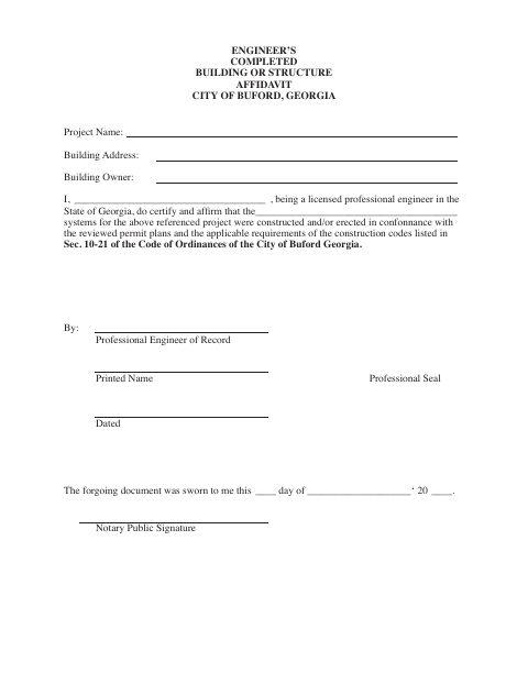 First page of the Engineer's Completed Building or Structure Affidavit