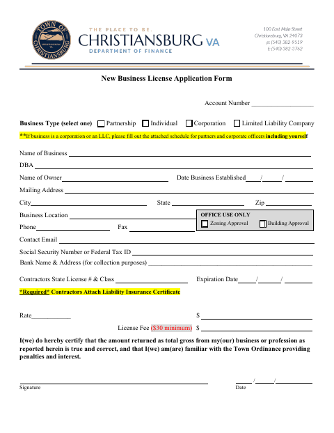 First page of the New Business License Application Form