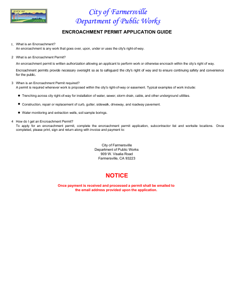 First page of the Encroachment Permit