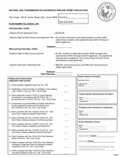 First page of the Natural Gas Transmission or Hazardous Pipeline Permit Application