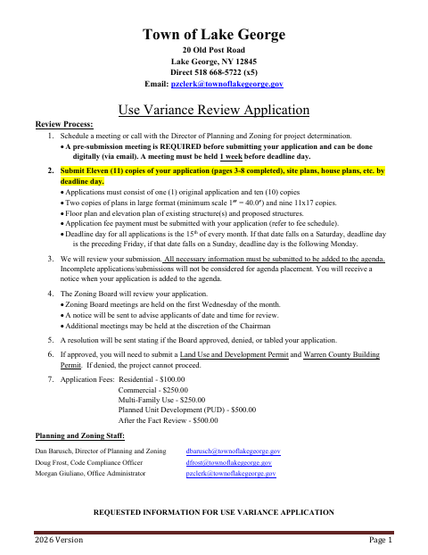 First page of the Use Variance Application