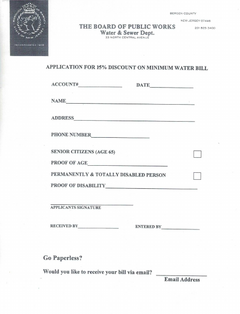 First page of the Senior (65+) Water Discount Application