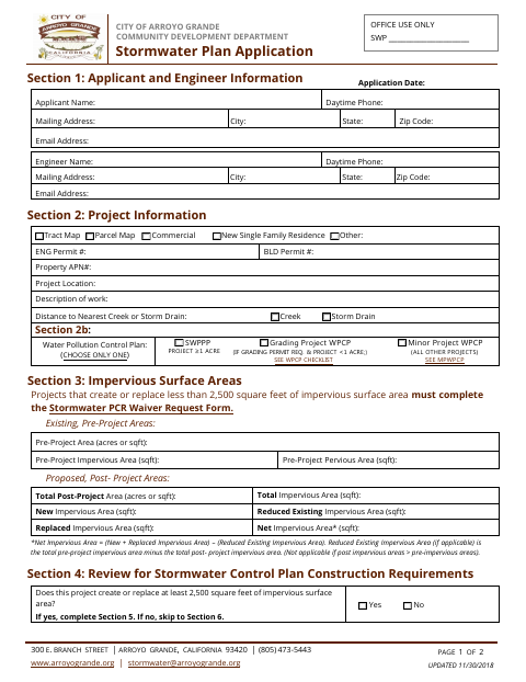 First page of the Stormwater Plan Application