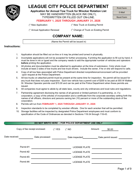First page of the Annual Tow Truck Wrecker Rotation List Application