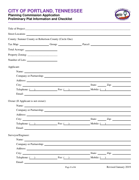 First page of the Preliminary Plat Application
