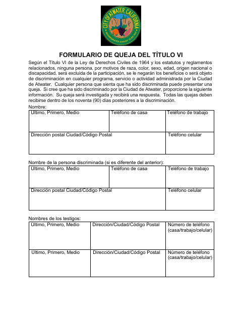 First page of the Title VI Complaint Form (Spanish)