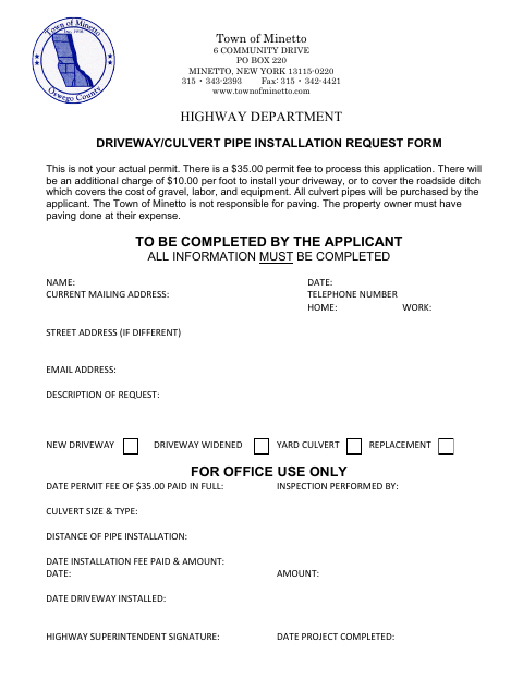 First page of the Driveway/Culvert Pipe Installation Request Form