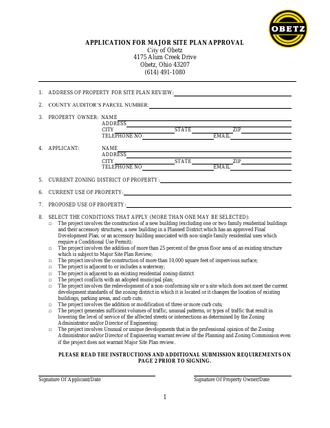 First page of the Application for Major Site Plan Approval