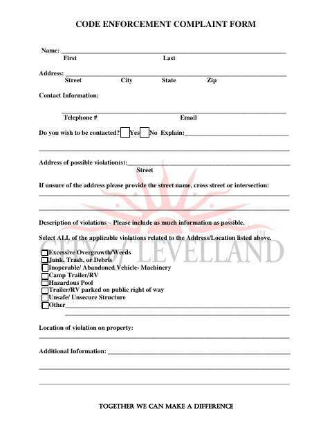 First page of the Code Enforcement Complaint Form
