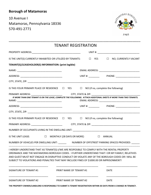 First page of the Tenant Registration