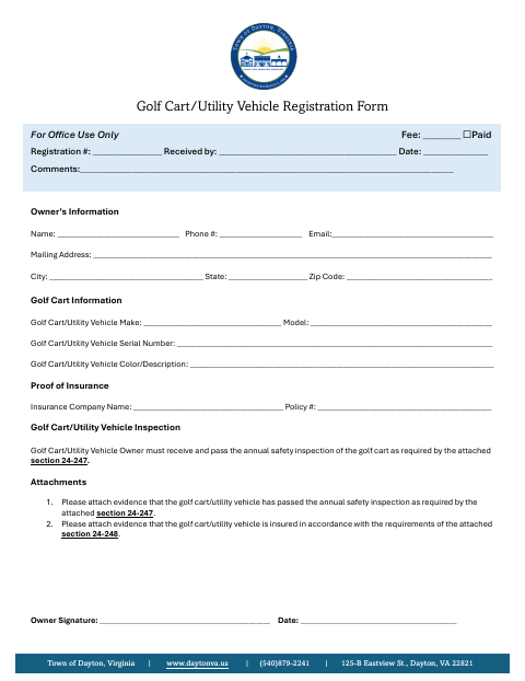 First page of the Golf Cart/Utility Vehicle Registration Form