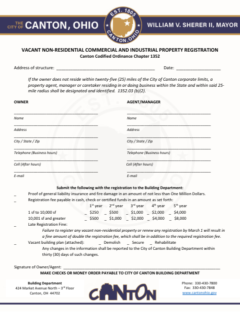 First page of the Vacant Non-Residential Commercial and Industrial Property Registration