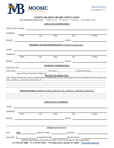 First page of the Zoning Hearing Board Application