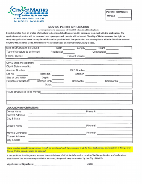 First page of the Moving Permit Application
