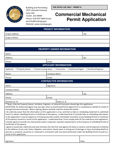 First page of the Commercial Mechanical Permit Application