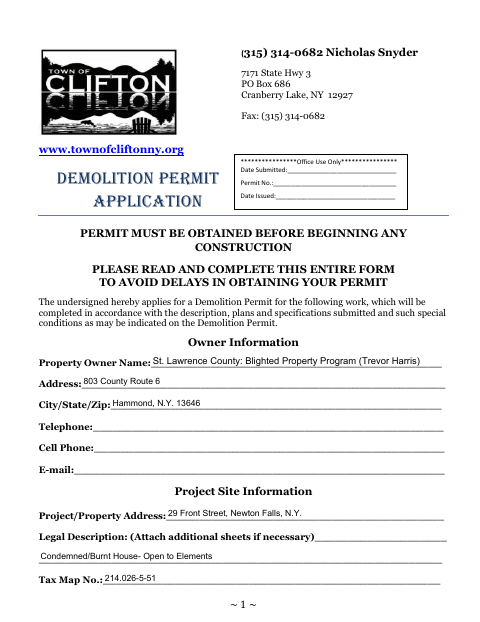 First page of the Demolition Permit Application
