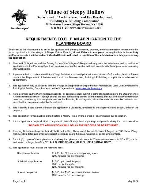 First page of the Planning Board Application Package