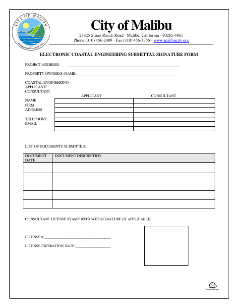 First page of the Electronic Coastal Engineering Submittal Signature Form