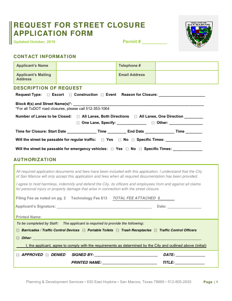 First page of the Request for Street Closure Application Form