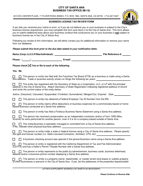 First page of the Business License Tax Review Form