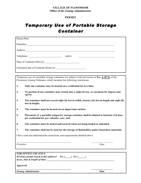 First page of the Temporary Use of Portable Storage Container