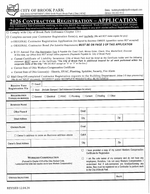 First page of the 2026 Contractor Registration Application