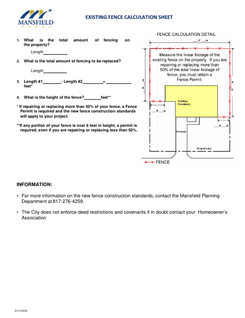 First page of the Existing Fence Calculation Sheet