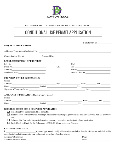 First page of the Conditional Use Permit Application