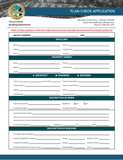 First page of the Plan Check Application