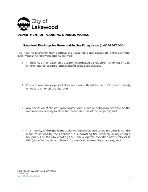 First page of the Required Findings for Reasonable Use Exceptions