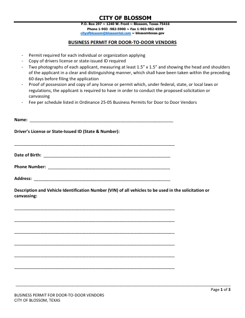 First page of the Business Permit for Door-to-Door Vendors