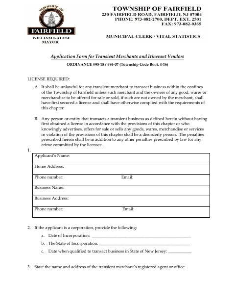 First page of the Application Form for Transient Merchants and Itinerant Vendors