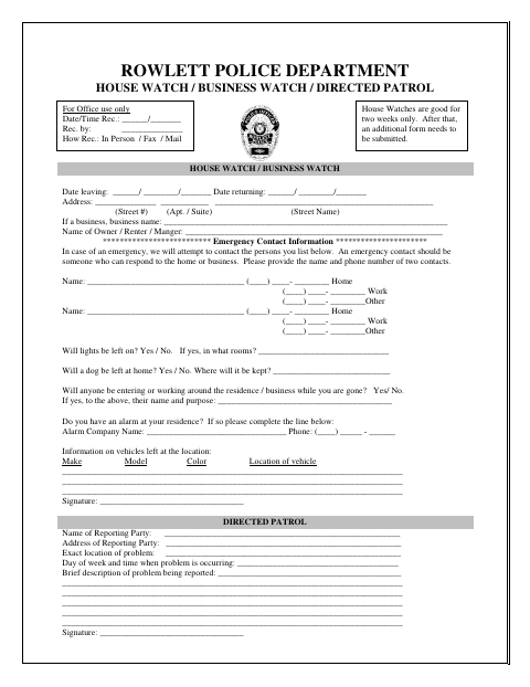 First page of the House Watch / Business Watch / Directed Patrol