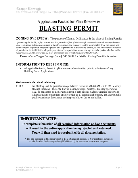 First page of the Blasting Permit Application Packet